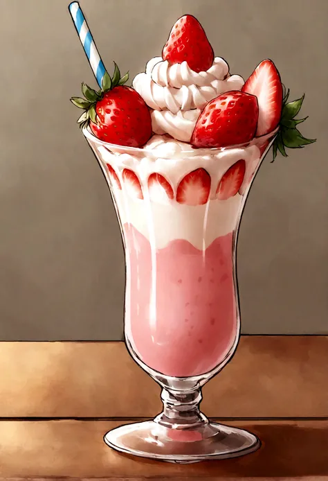 A glass of delicious strawberry milkshake,clearly，distinct