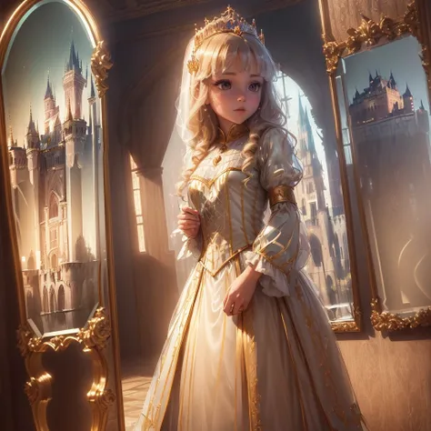 (Princess:1.6),(I can see the castle reflected in the mirror:1.6),masterpiece,high quality,(Highly Detailed CG Unity 8k Portrait:1.3),Nice views,8-year-old girl,Translucent medieval dress, Gold embroidery