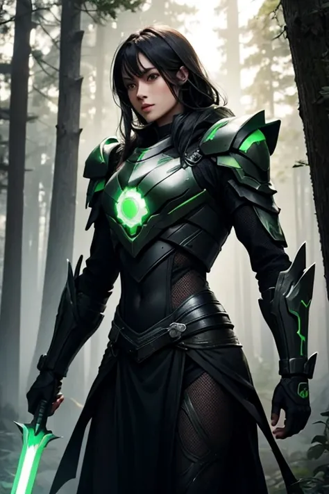 warrior.futuristic black and green armor.green sword with green rays.in a forest