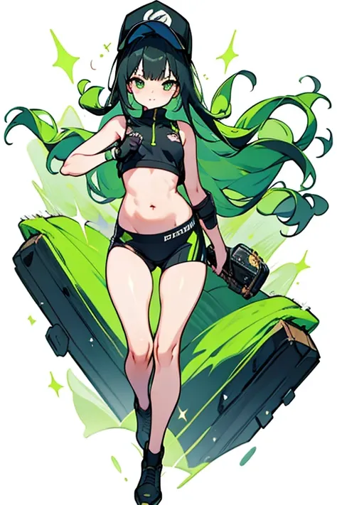 saori_greenarchive, bedazzling eye, exposed stomach, 露出したbelly button, naked tummy, length_hair, 前hair, green_eye, black_hair, h...