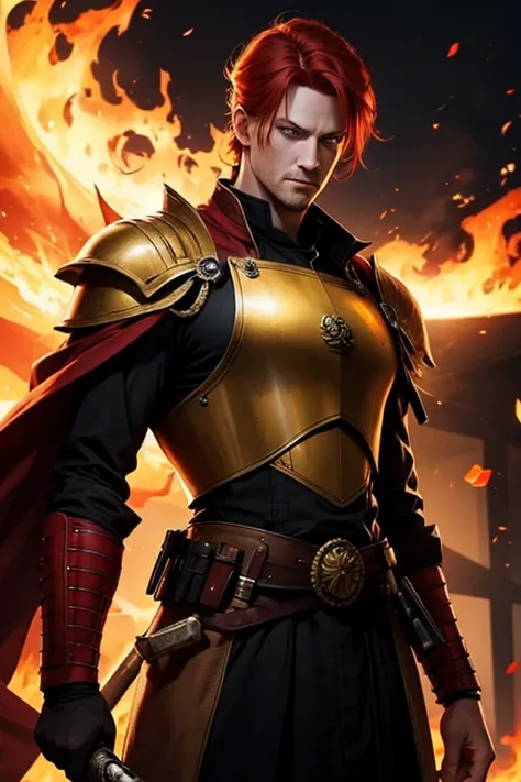 man.40 years old.red hair.yellow eyes.imperial uniform.fire sword