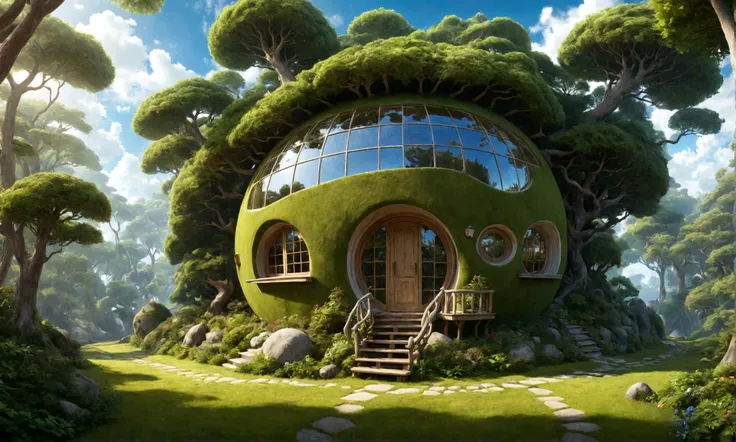 Heavenly Forest、Spherical strangely shaped house、Heavenly Forestの奥にある孤独な家、Dream world、Very realistic、Like the picture、, Surrealism,  Mastepiece, Best Quality, High resolution, 8K