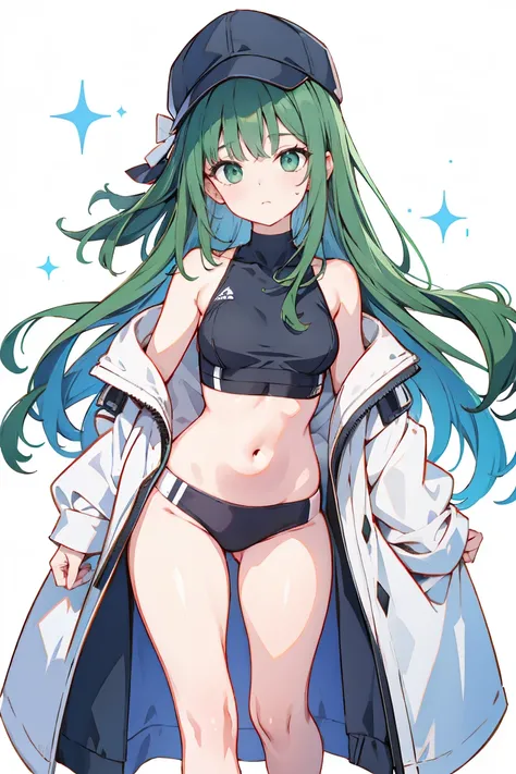 Saori_greenarchive, bedazzling eye, exposed Stomach, 露出したbelly button, Naked tummy, length_hair, 前hair, green_eye, black_hair, Hello, have, chest, baseball_cap, Sleeveless, green_hair, black_Have, belly button, Stomach, big_chest, Sparkling, Starlight、whit...