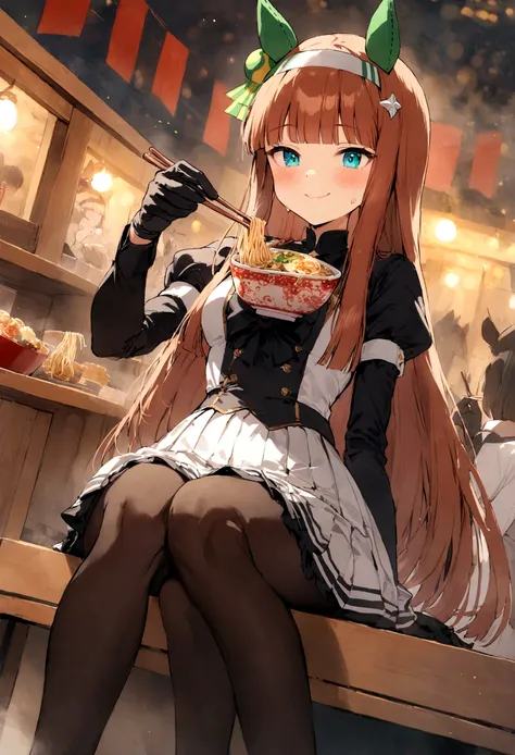 masterpiece, highest quality, Seductive pose, Full-body wide-angle, smile, (Sitting:1.1) ,Ichiraku Ramen, (Eat ramen:1.0), Holding chopsticks and a ramen bowl, Sip the noodles,, Silence Suzuka (umamusume), Black gloves, White Skirt, Pleated skirt, Black Pa...