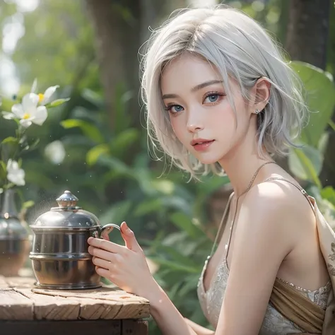 (masterpiece:1.3), (8k, Realistic, RAW Photos, Best image quality: 1.4), Fair-skinned fairy woman、short hair、Cleavage:2.0、Highly detailed face、Attention to detail、double eyelid、Sharp focus:1.2、Beautiful woman:1.4、Silvery white hair、highest quality、masterpi...