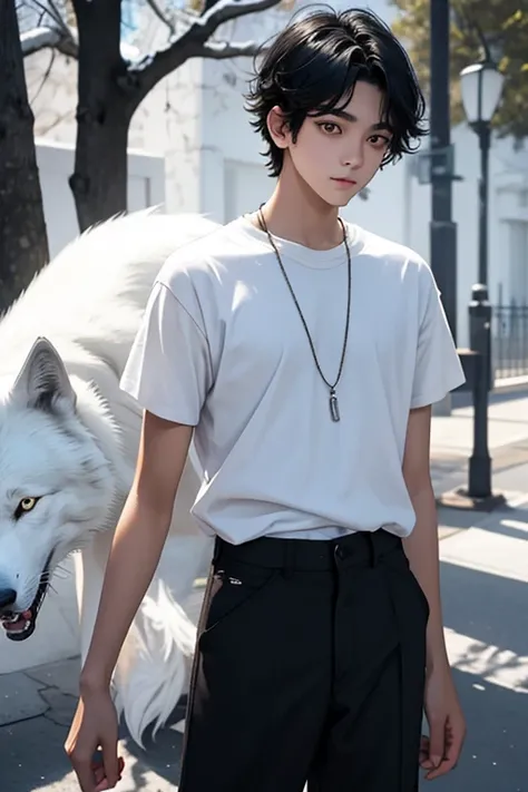 16 year old boy. short black hair. white eyes. simple clothes. with a white wolf