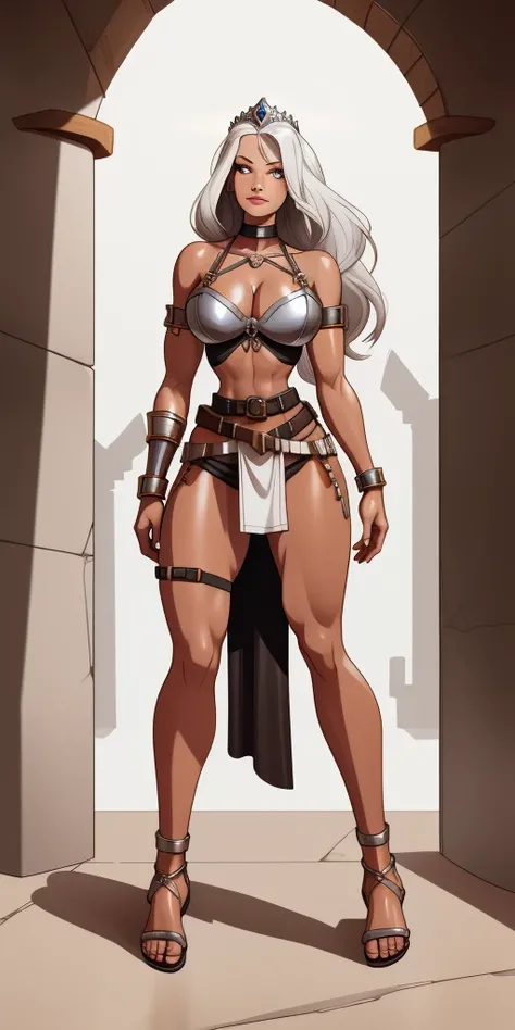 full body, whole body. loincloth standing, lefthand on hips and righthand behind head full body, 1solo (girl) slave fighter, metal sandals, choker, big belt, view from below, barefoot together, bracers, tiara, leather collar choker neck bell, cleavage, sha...