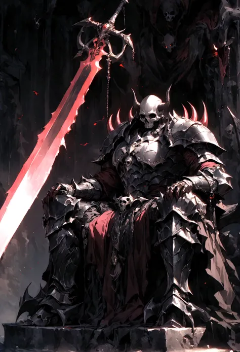 demon king character, skull head, thick armor, full of jewelry, hanging big sword, big and muscular, sitting on his thrones, abyss scene, extremely detail armor