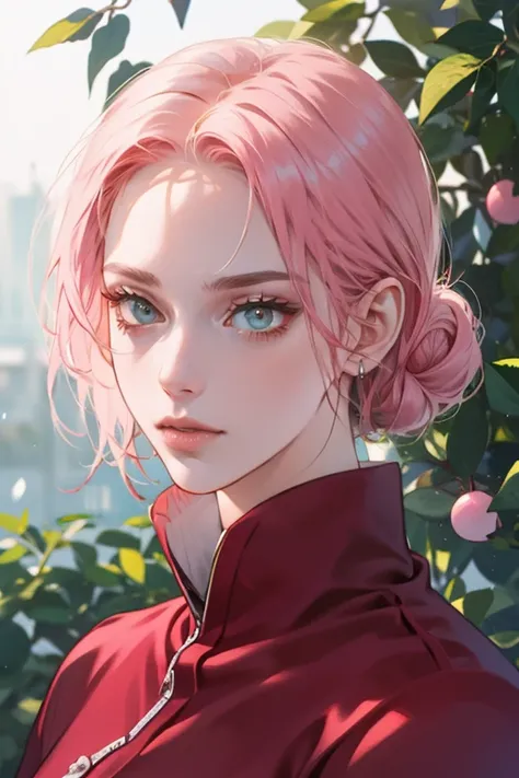 young woman, bubblegum pink hair tied in a bun, wide forehead, porcelain skin, pink eyebrows, emerald green eyes, upturned nose, thick pink lips, heart-shaped face, dark red clothes, Sakura Haruno, realism, well detailed, 3d