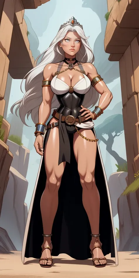 full body, whole body. loincloth standing, lefthand on hips and righthand behind head full body, 1solo (girl) slave fighter, metal sandals, choker, big belt, view from below, barefoot together, bracers, tiara, leather collar choker neck bell, cleavage, sha...