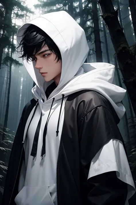 16 year old boy.short black hair.white eyes.with a hood.with a white wolf.in a forest.at night