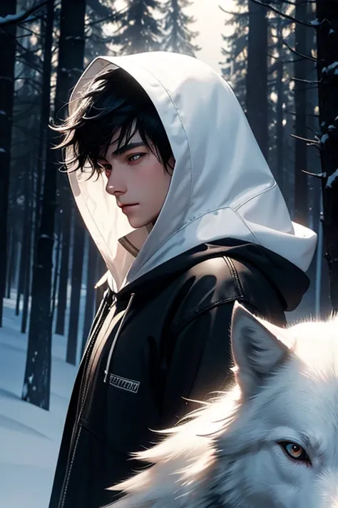 16 year old boy.short black hair.white eyes.with a hood.with a white wolf.in a forest.at night