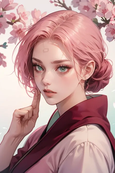 young woman, bubblegum pink hair tied in a bun, wide forehead, porcelain skin, pink eyebrows, emerald green eyes, upturned nose, thick pink lips, heart-shaped face, dark red clothes, Sakura Haruno, realism, well detailed, 3d