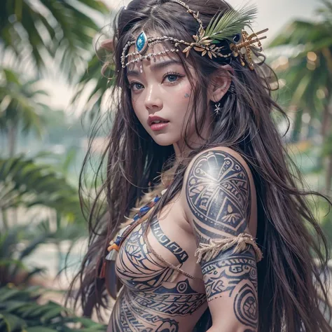 Polynesian Sea、Hair blowing in the wind 、 ((highest quality、masterpiece、8k、Best image quality、Ultra-high resolution、Award-winning works)、(Accurate anatomy:1.1)、(Look at me and smile:1.0)、Shining fair skin with Ultra-high resolution、The most detailed face、U...