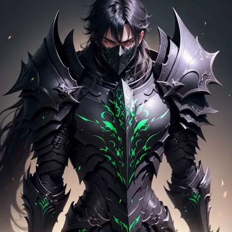 a male dark paladin wearing a black armor with green ornaments
