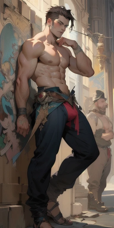 best quality, master piece, full body shot, highly detailed painting by alphonse mucha,
male topless angle showing his ass, handsome pretty face, pretty eyes, thigh, bulge, attractive expression, earrings, 
fantasy, bara,  dramatic pose, whole body,  conce...