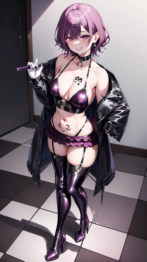 highest quality, High Resolution, One Girl, higuchi madoka, , Purple Hair, Mole under the eyes, Mole, hair ornaments, Barrette, , short hair,,, Bans, Purple eyes, ,},{{solo,Boyish 1 Girl}} standing,,{18-year-old},Black trench coat and leather boots} View V...