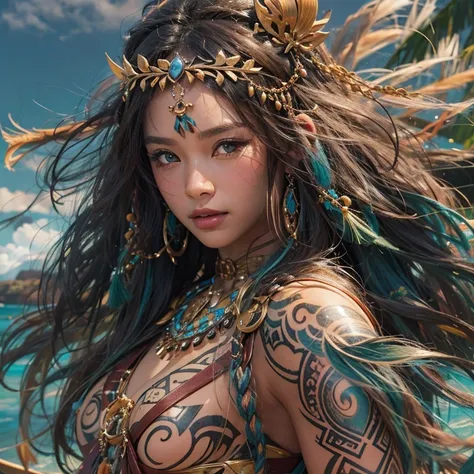 Polynesian Sea、Hair blowing in the wind 、 ((highest quality、masterpiece、8k、Best image quality、Ultra-high resolution、Award-winning works)、(Accurate anatomy:1.1)、(Look at me and smile:1.0)、Shining fair skin with Ultra-high resolution、The most detailed face、U...