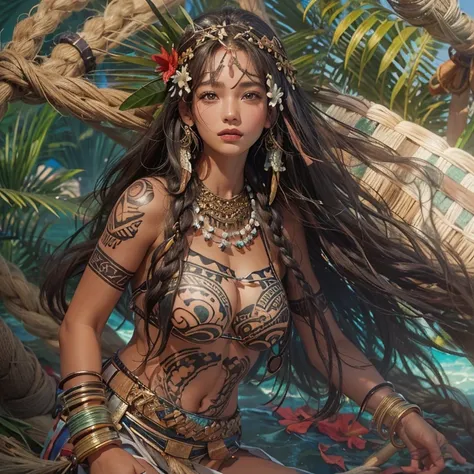 Polynesian Sea、Hair blowing in the wind 、 ((highest quality、masterpiece、8k、Best image quality、Ultra-high resolution、Award-winning works)、(Accurate anatomy:1.1)、(Look at me and smile:1.0)、Shining fair skin with Ultra-high resolution、The most detailed face、U...