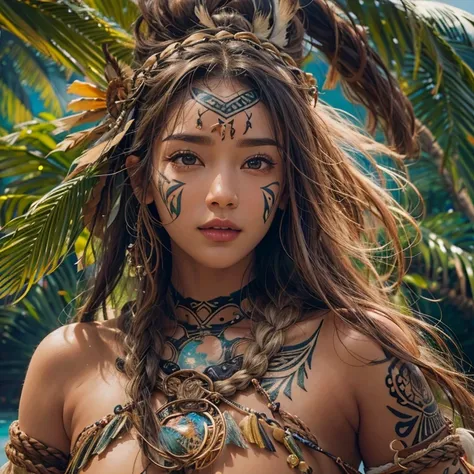 Polynesian Sea、Hair blowing in the wind 、 ((highest quality、masterpiece、8k、Best image quality、Ultra-high resolution、Award-winning works)、(Accurate anatomy:1.1)、(Look at me and smile:1.0)、Shining fair skin with Ultra-high resolution、The most detailed face、U...