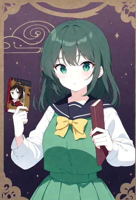 (Daisaku),(Need),(Super meticulous),(full bodyesbian:1.2), there is a woman holding a knife and a book in her hands, 1girl, magical school student uniform, magic school uniform, japanese school uniform, seifuku, japanese girl , ornate dark green clothing, ...