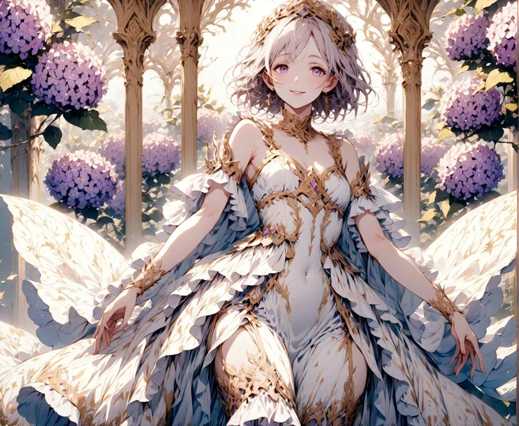 God on a background of pale pink and purple hydrangeas々A beautiful goddess stands alone, smiling gently.　Dresses with delicate patterns