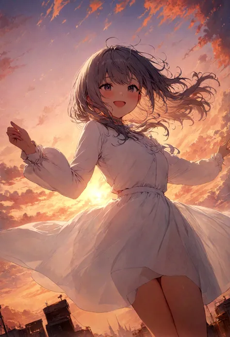 masterpiece, highest quality, Movie stills, One girl, Cloud Girl, Floating in the sky, close, bright, Happy, Warm and soft lighting, sunset, (spark:0.7)