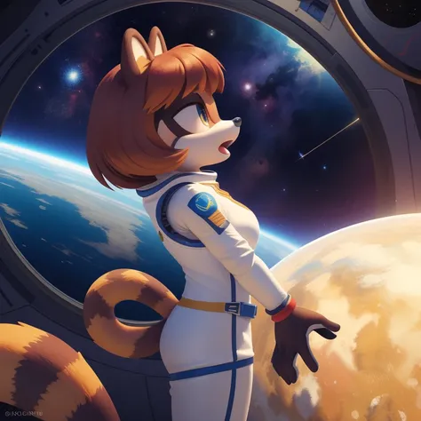 ((masterpiece)), studio quality, highly detailed, extreme detailed, high quality, max detailed, very detailed, detailed background, intricate details, detailed shadows, mobian, medium breast, 1girl, racoon, attractive, gorgeous body, spacesuit, medium hair...