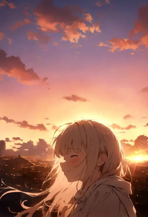 masterpiece, highest quality, Movie stills, One girl, Cloud Girl, Floating in the sky, close, bright, Happy, Warm and soft lighting, sunset, (spark:0.7)