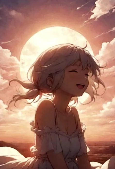 masterpiece, highest quality, Movie stills, One girl, Cloud Girl, Floating in the sky, close, bright, Happy, Warm and soft lighting, sunset, (spark:0.7)