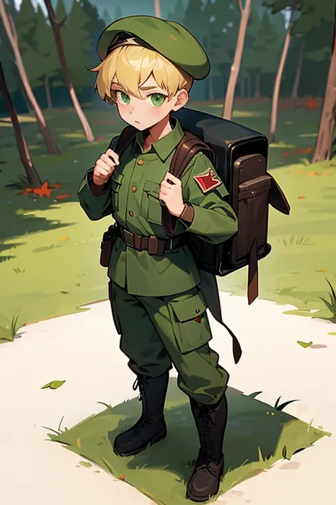 12 year old boy, blond hair, green eyes, full body, military scout boy uniform, green beret, scout boy backpack, scout boy boots, red gauntlet, scout boy, teedy bear plushy, camping, 