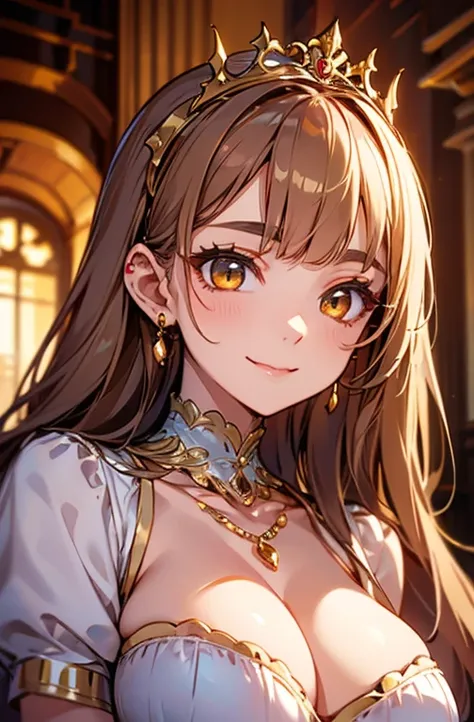 Princess , in castle, high quality, super quality, (detailed face:1.4) ,beautiful young woman , golden eyes, long golden hair , tight gorgeous dress, tiara, necklace , earring , sharpe eyebrow , beautiful bangs are covering her eyes , huge breast  ,upper b...