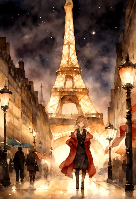 Paris Street, flashlight, Eiffel Tower, Watercolor