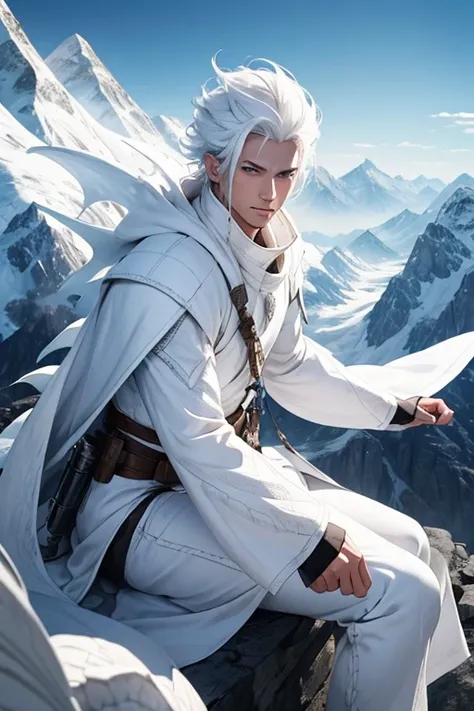 Man.white hair.blue eyes.on a planet full of mountains facing a white dragon