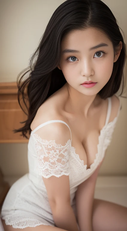 One Girl, (16 years old),Japanese Gravure Model, (Cute like an idol:1.2), Beautiful girl, Modest chest, Cleanse the facial skin, Laugh shyly, Sexy, Erotic sensations, (Sailor collar Japanese knee-high socks:1.0), (White lace dress、Micro Mini Skirt:1.2), (D...