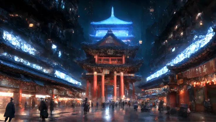 Drum Tower，Beijing Drum Tower，Chinese Drum Tower，ancient buildings，Combination with modern cities，New Chinese，Cyberpunk blue and white lights，Movie stills，Photorealistic，8k