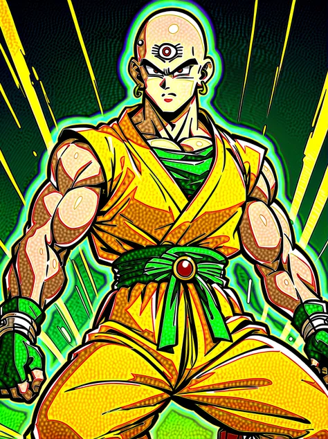 1boy, Dragon Ball, Tien Shinhan, Martial artist, lean muscles, bald head, piercing eyes, third eye, telepathy, telekinesis, red and yellow uniform, sleeveless turtleneck, yellow pants, red boots, fingerless gloves, distinctive logo belt, earrings, elegant