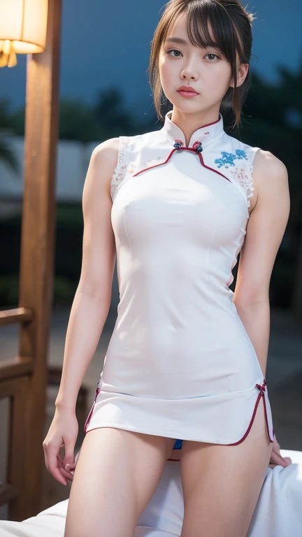 1 girl, fair, 20 years old, White skin, Bare breasts, Sexy pose, sleeveless, ((Chinese cheongsam dress)), ((Chinese Qipao Outfit)), Blue Eyes, muscle, Bokeh, Street Lunar New Year Background, masterpiece, ((night:1.1))