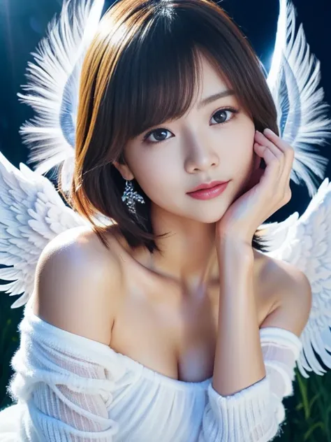 (A cute young Japanese Angel:1.5), (She has real Angel wings:1.5),(She has angelring:1.5),(beautiful detailed eyes:2.0),beautiful detailed lips, extremely detailed eyes and face, longeyelashes, slender woman body, beautiful short hair, natural makeup,big s...