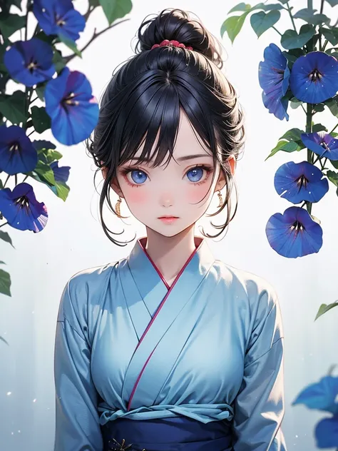 (masterpiece),(highest quality:1.2),(Perfect Anatomy),(1 Girl),Beautiful and exquisite blue eyes,ponytail,Light blue yukata,(Highly detailed elegant), Detailed skin,((blue morning glory)),Morning glory garden,Add a dramatic and symbolic element to your sce...