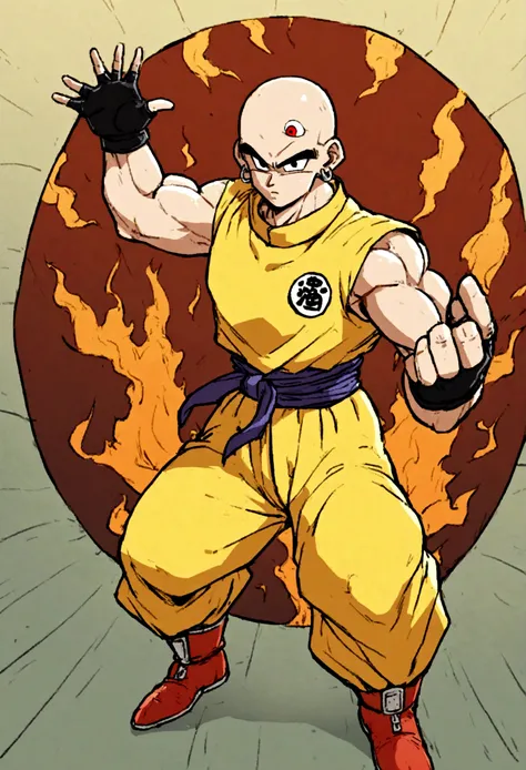 1boy, Dragon Ball, Tien Shinhan, Martial artist, lean muscles, bald head, piercing eyes, third eye, telepathy, telekinesis, red and yellow uniform, sleeveless turtleneck, yellow pants, red boots, fingerless gloves, distinctive logo belt, earrings, elegant