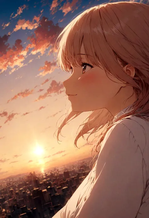 masterpiece, highest quality, Movie stills, One girl, Cloud Girl, Floating in the sky, close, bright, Happy, Warm and soft lighting, sunset, (spark:0.7)