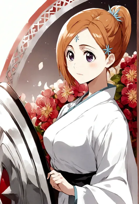 1girl, Inoue Orihime, bleach, Light blond hair, wavy ponytail, dark purple eyes, fair skin, soft face, school uniform, white kimono-style robe, red decoration, simple accessories, elegant temperament, kind, optimistic, selfless, healing ability, Shield Shu...