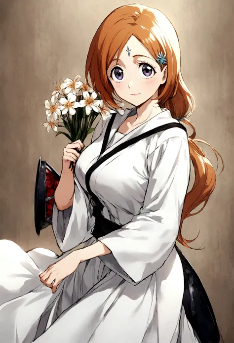 1girl, Inoue Orihime, bleach, Light blond hair, wavy ponytail, dark purple eyes, fair skin, soft face, school uniform, white kimono-style robe, red decoration, simple accessories, elegant temperament, kind, optimistic, selfless, healing ability, Shield Shu...