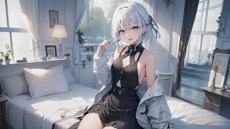 Her eyes were shining、Mysterious and enchanting atmosphere。With AI Painting、とてもShort Hair, Long bangs between the eyes, Grey Eyes , Very detailed,(masterpiece、highest quality)、alone、Gray Hair、Fantasy, Silver Hair, Beautiful Eyes,Ecstasy, charm, attract the...