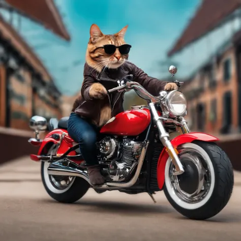 Cat riding a motorbike wearing a motorcycle helmet and sunglasses 