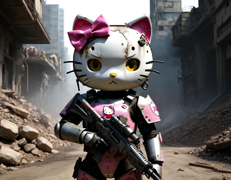 high resolution, high quality , masterpiece. hello kitty clad in "brotherhood of steel" power armor, anime-style realism meets p...