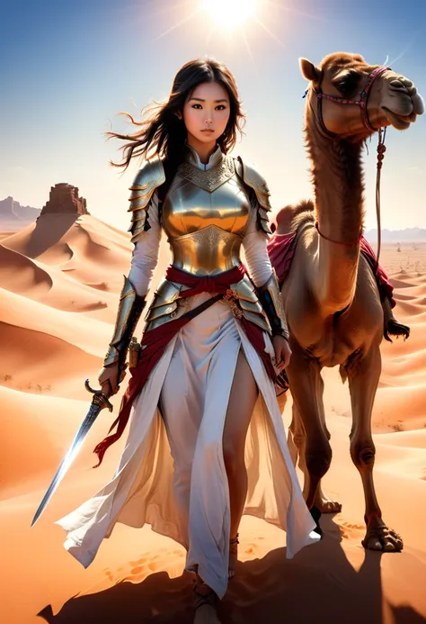 an Asian female warrior wearing lightweight armor and a long robe rides a camel in the desert, holding a long sword and cautiously observing the surroundings. The background is endless desert and scorching sunshine, (masterpiece, best quality, Professional...