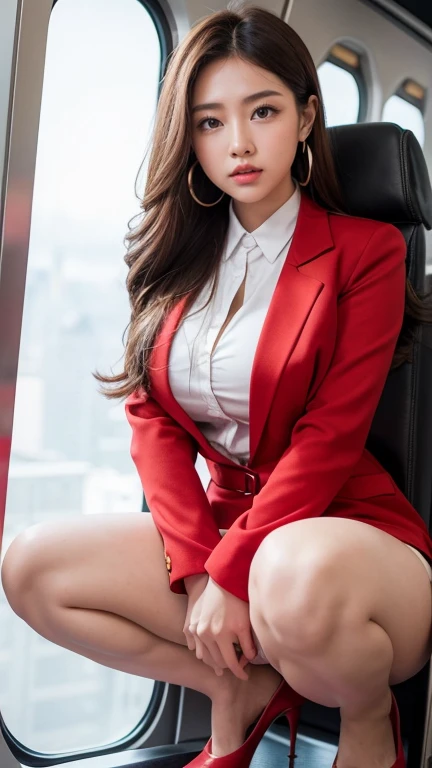 18 year old female, Masterpiece:1.4, long brown hair, (Squatting, legs spread, pussy with lots of hair, thick white fluid flowing out.:1.4, on the heels), gigantic bust:1.5, buttocks sexy hips, cute earrings, Air Asia uniform, red long sleeve jacket:1.3 se...