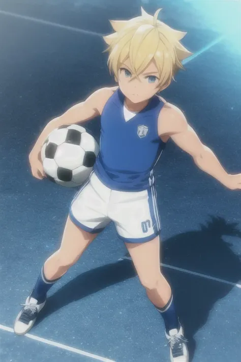 boy, playing soccer ball, blonde hair 3d anime stylo